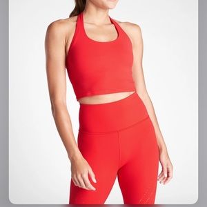 Athleta long line cropped halter top b-c cup sports bra yoga bright red athletic